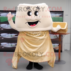 Beige Lasagna mascot costume character dressed with a Dress and Scarf clips
