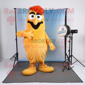 Peach Butter Chicken mascot costume character dressed with a Bootcut Jeans and Hairpins