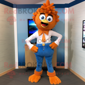 Peach Butter Chicken mascot costume character dressed with a Bootcut Jeans and Hairpins