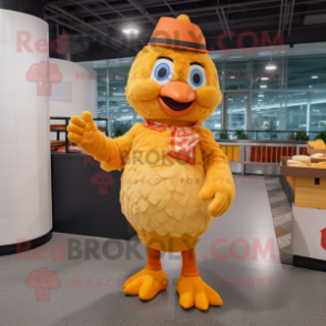 Peach Butter Chicken mascot costume character dressed with a Bootcut Jeans and Hairpins