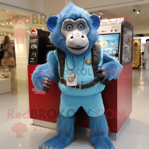 Sky Blue Baboon mascot costume character dressed with a Vest and Keychains