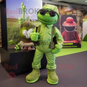 Lime Green Para Commando mascot costume character dressed with a Polo Shirt and Ties