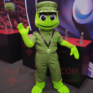 Lime Green Para Commando mascot costume character dressed with a Polo Shirt and Ties