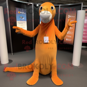 Orange Diplodocus mascot costume character dressed with a Yoga Pants and Shawl pins