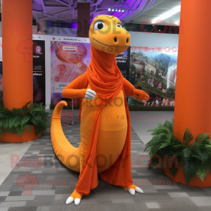 Orange Diplodocus mascot costume character dressed with a Yoga Pants and Shawl pins