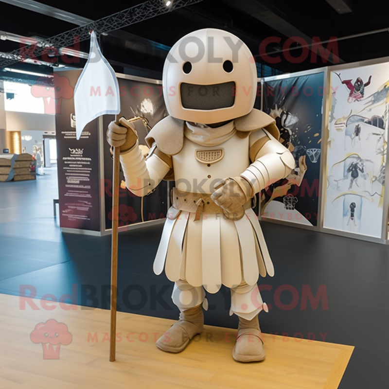 Beige Medieval Knight mascot costume character dressed with a Playsuit and Hairpins Beige Medieval Knight mascot costume character dressed with a Playsuit and Hairpins