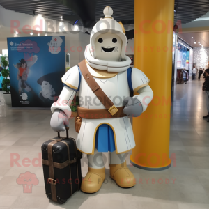 Cream Medieval Knight mascot costume character dressed with a Jeans and Briefcases