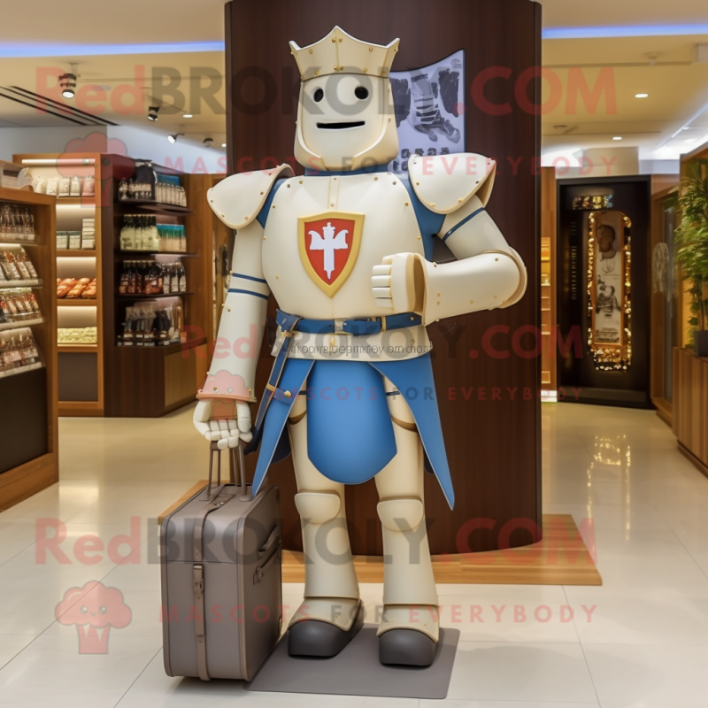 Cream Medieval Knight mascot costume character dressed with a Jeans and Briefcases Cream Medieval Knight mascot costume character dressed with a Jeans and Briefcases