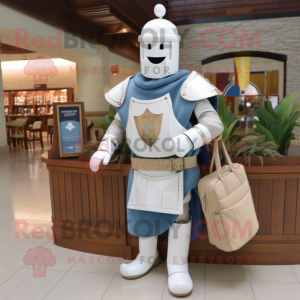 Cream Medieval Knight mascot costume character dressed with a Jeans and Briefcases