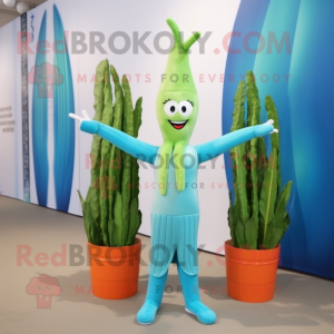 Cyan Asparagus mascot costume character dressed with a Yoga Pants and Hairpins