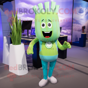 Cyan Asparagus mascot costume character dressed with a Yoga Pants and Hairpins