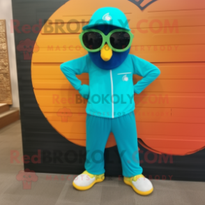 Teal Mango mascot costume character dressed with a Jumpsuit and Sunglasses