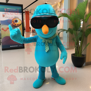 Teal Mango mascot costume character dressed with a Jumpsuit and Sunglasses