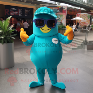 Teal Mango mascot costume character dressed with a Jumpsuit and Sunglasses