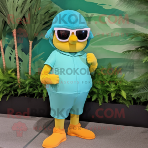 Teal Mango mascot costume character dressed with a Jumpsuit and Sunglasses