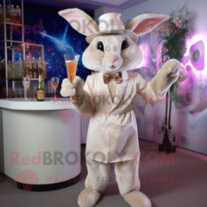 Beige Wild Rabbit mascot costume character dressed with a Cocktail Dress and Hats