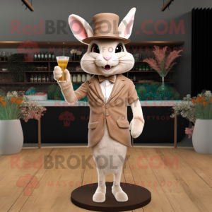 Beige Wild Rabbit mascot costume character dressed with a Cocktail Dress and Hats