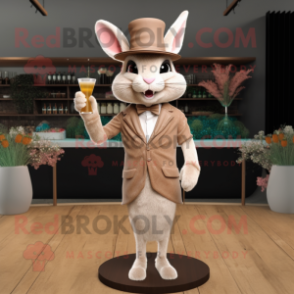 Beige Wild Rabbit mascot costume character dressed with a Cocktail Dress and Hats