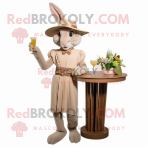 Beige Wild Rabbit mascot costume character dressed with a Cocktail Dress and Hats