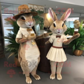 Beige Wild Rabbit mascot costume character dressed with a Cocktail Dress and Hats