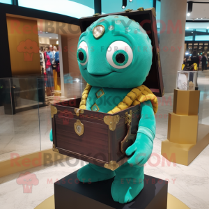 Teal Treasure Chest mascot costume character dressed with a Turtleneck and Brooches