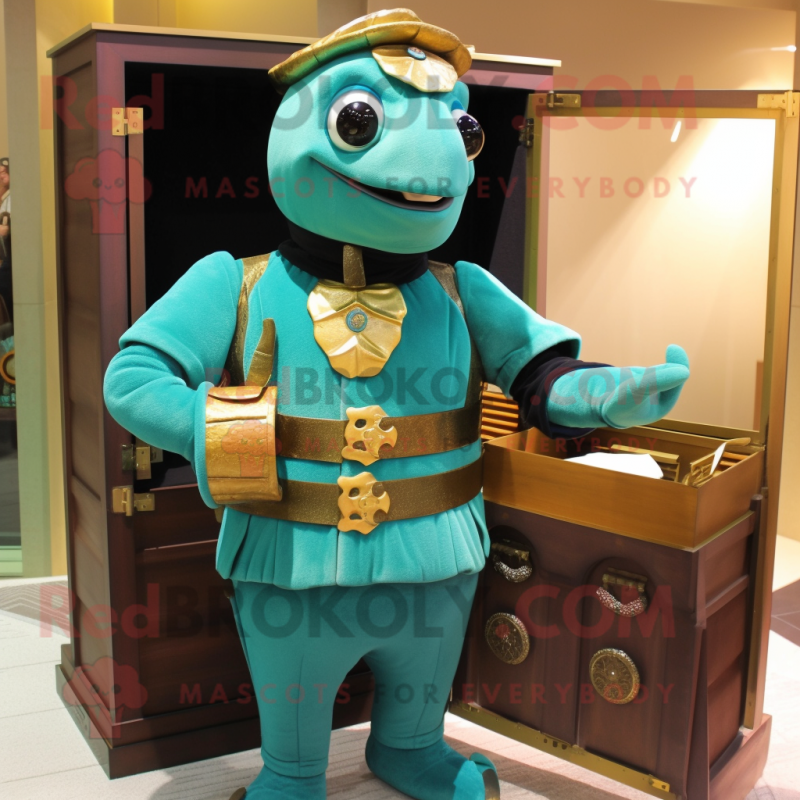 Teal Treasure Chest mascot costume character dressed with a Turtleneck and Brooches Teal Treasure Chest mascot costume character dressed with a Turtleneck and Brooches