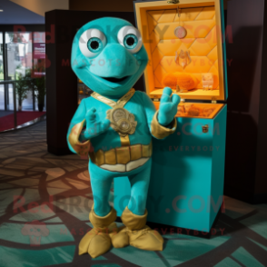 Teal Treasure Chest mascot costume character dressed with a Turtleneck and Brooches