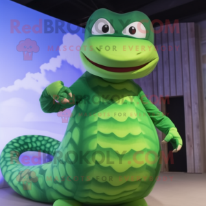 Green Anaconda mascot costume character dressed with a One-Piece Swimsuit and Wraps