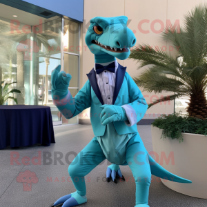 Teal Velociraptor mascot costume character dressed with a Cover-up and Bow ties