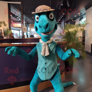 Teal Velociraptor mascot costume character dressed with a Cover-up and Bow ties