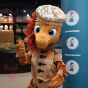 Rust Sea Horse mascot costume character dressed with a Chinos and Headbands