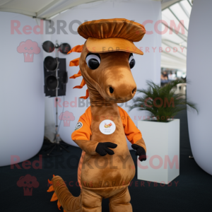 Rust Sea Horse mascot costume character dressed with a Chinos and Headbands