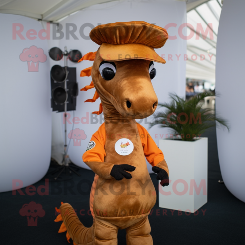 Rust Sea Horse mascot costume character dressed with a Chinos and Headbands Rust Sea Horse mascot costume character dressed with a Chinos and Headbands