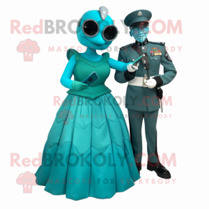 Teal Marine Recon mascot costume character dressed with a Ball Gown and Smartwatches