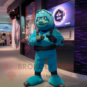 Teal Marine Recon mascot costume character dressed with a Ball Gown and Smartwatches