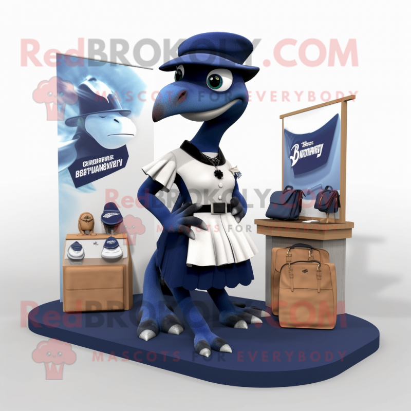 Navy Dimorphodon mascot costume character dressed with a A-Line Skirt and Handbags Navy Dimorphodon mascot costume character dressed with a A-Line Skirt and Handbags