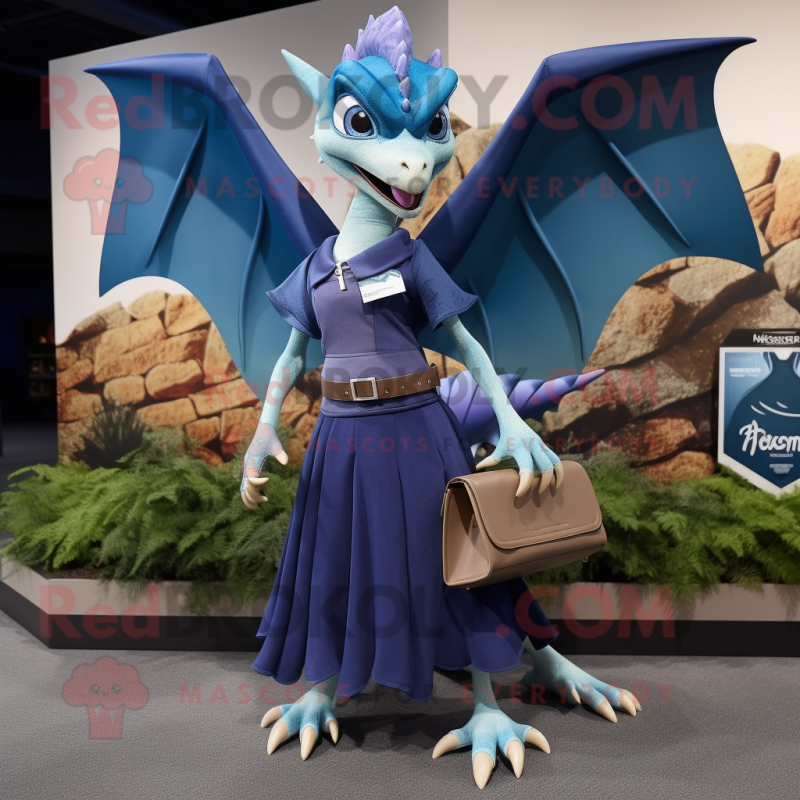 Navy Dimorphodon mascot costume character dressed with a A-Line Skirt and Handbags