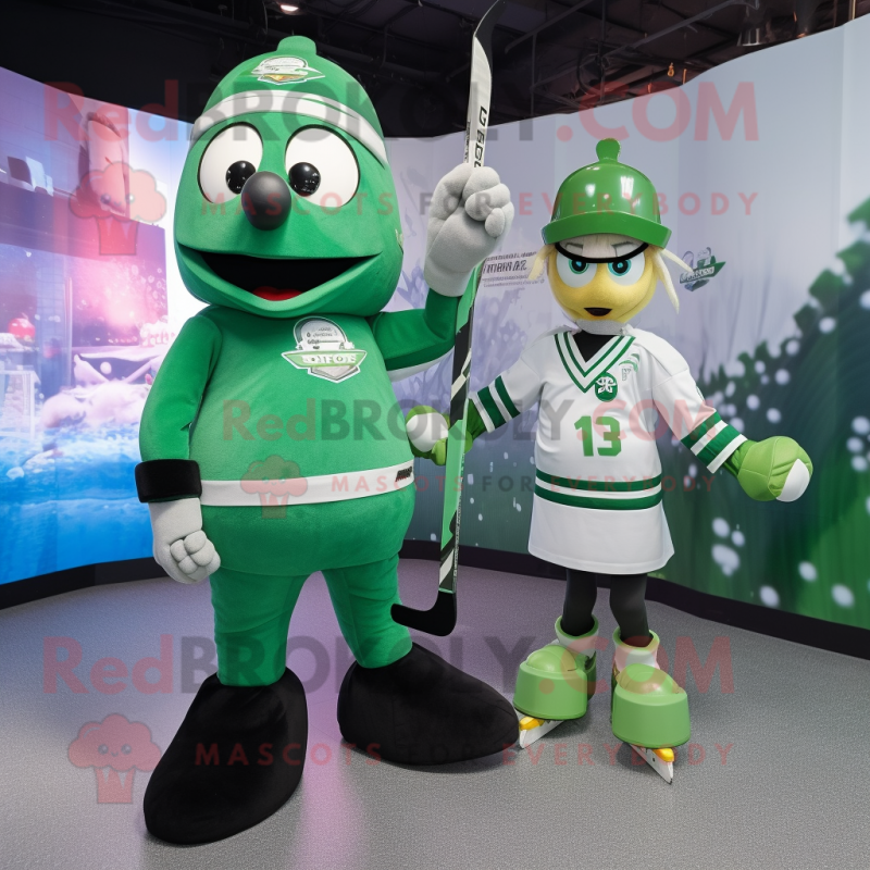 Forest Green Ice Hockey Stick mascot costume character dressed with a Empire Waist Dress and Smartwatches