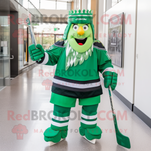 Forest Green Ice Hockey Stick mascot costume character dressed with a Empire Waist Dress and Smartwatches