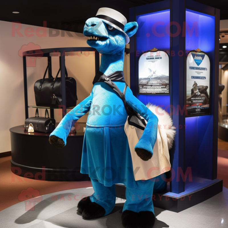 Blue Camel mascot costume character dressed with a Tuxedo and Messenger bags