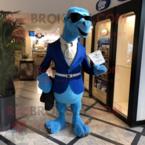 Blue Camel mascot costume character dressed with a Tuxedo and Messenger bags