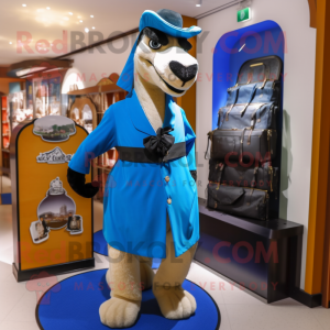 Blue Camel mascot costume character dressed with a Tuxedo and Messenger bags