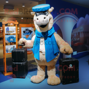 Blue Camel mascot costume character dressed with a Tuxedo and Messenger bags