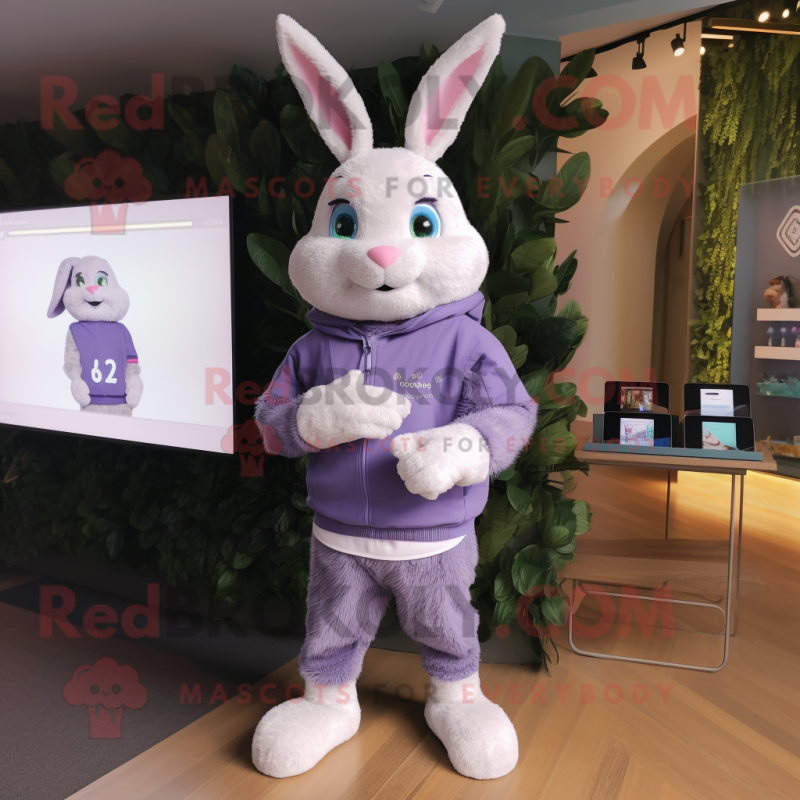 Lavender Rabbit mascot costume character dressed with a Sweatshirt and Digital watches