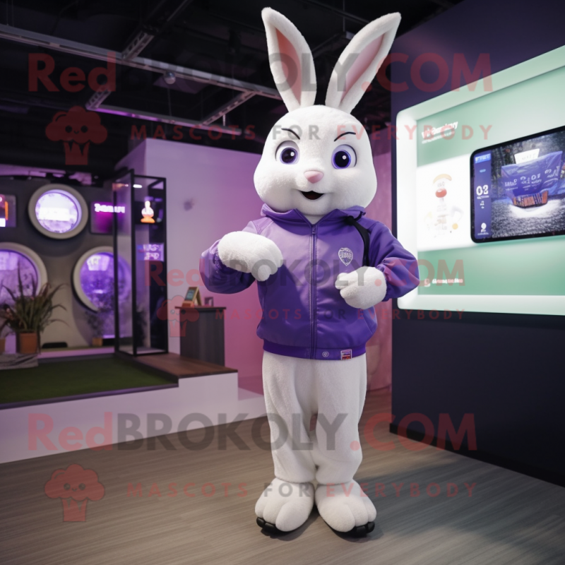 Lavender Rabbit mascot costume character dressed with a Sweatshirt and Digital watches