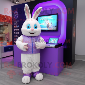 Lavender Rabbit mascot costume character dressed with a Sweatshirt and Digital watches