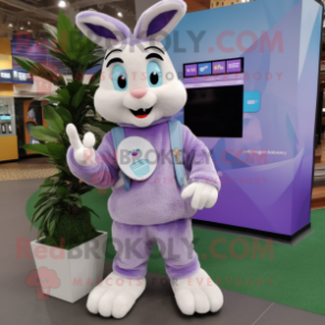Lavender Rabbit mascot costume character dressed with a Sweatshirt and Digital watches