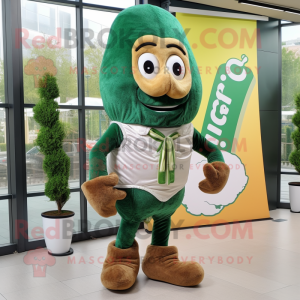 Forest Green Croissant mascot costume character dressed with a Capri Pants and Shoe laces