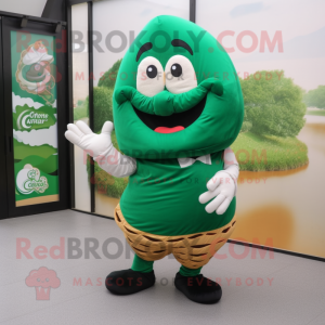 Forest Green Croissant mascot costume character dressed with a Capri Pants and Shoe laces