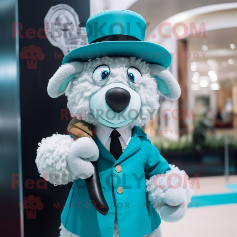 Turquoise Sheep mascot costume character dressed with a Suit and Hat pins